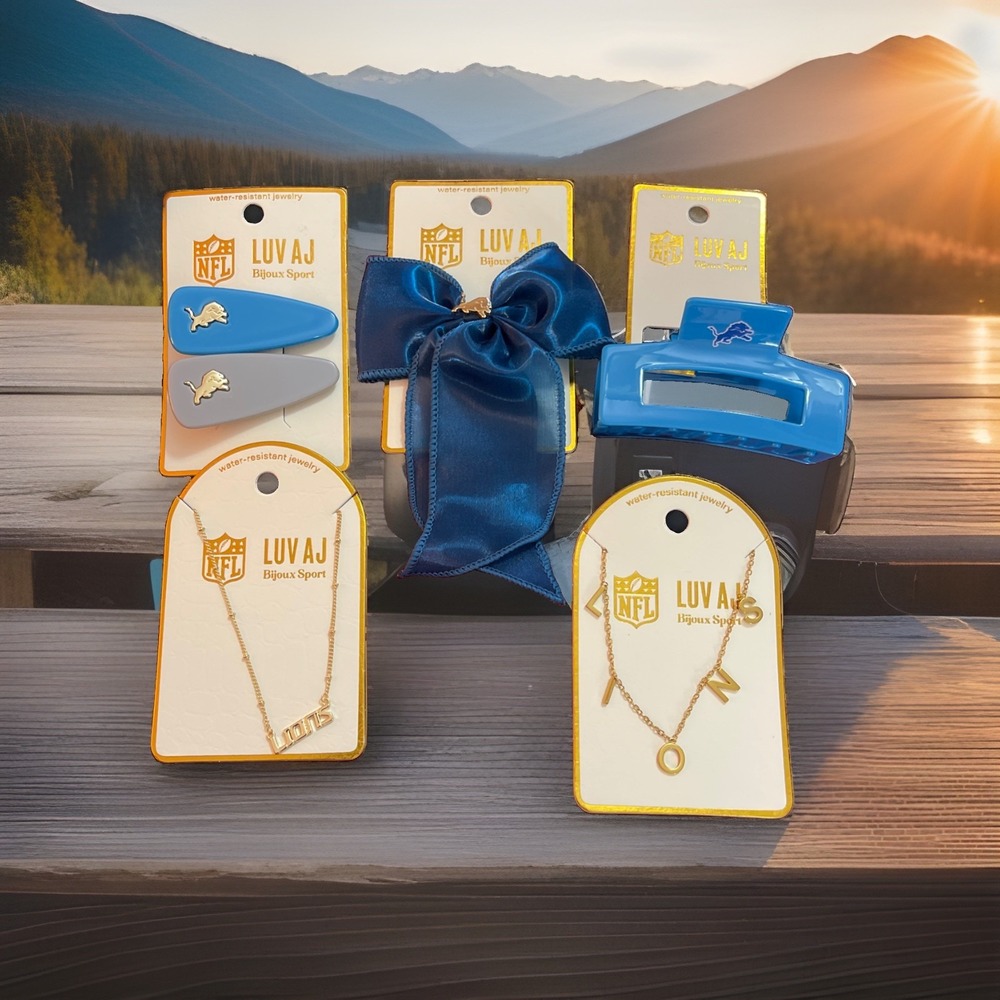 Detroit Lions NFL $105 MSRP Hair Bow, Claw, And Clips + 2 Necklaces , Football
